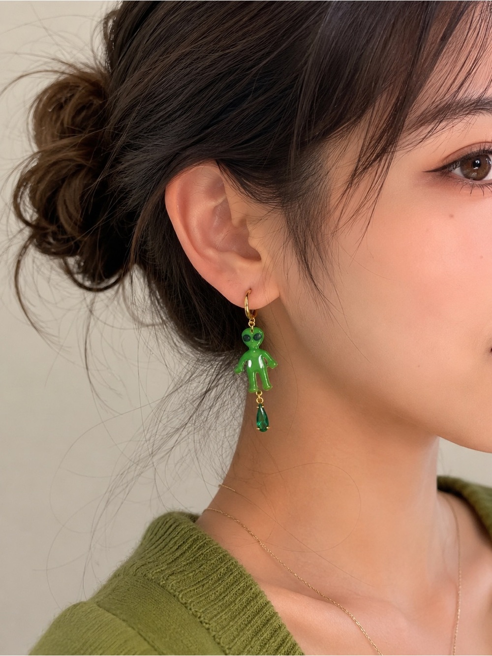 Green Alien Dangle Earrings with Emerald Crystal